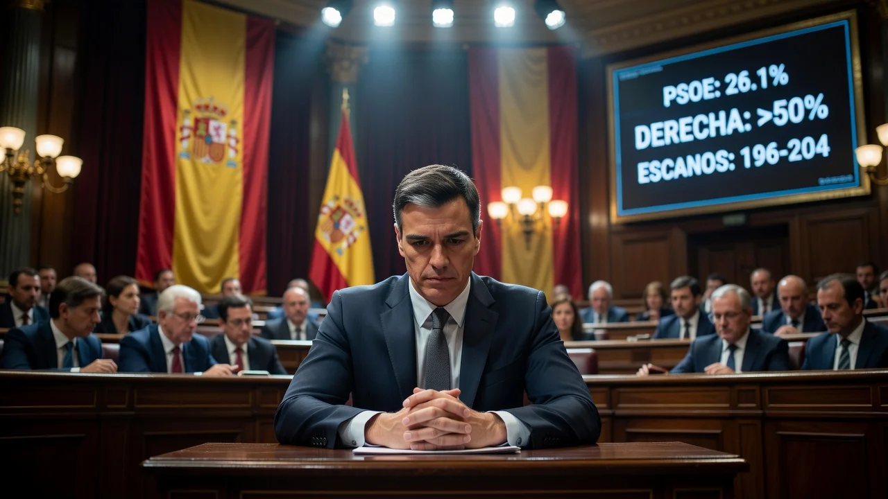 Illustration of Pedro Sánchez at his lowest poll rating with PSOE at 26.1% and right-wing majority