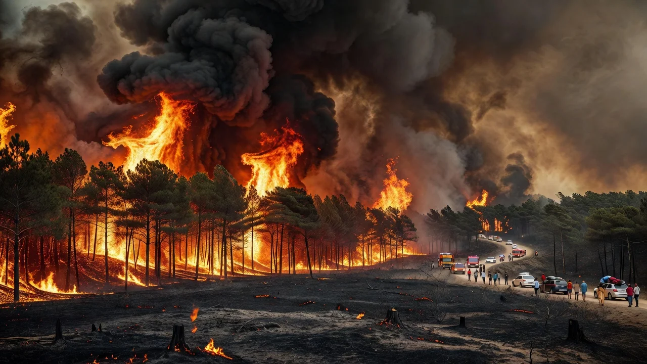Wildfires ravaging Gironde forests with flames, smoke, and evacuation scenes