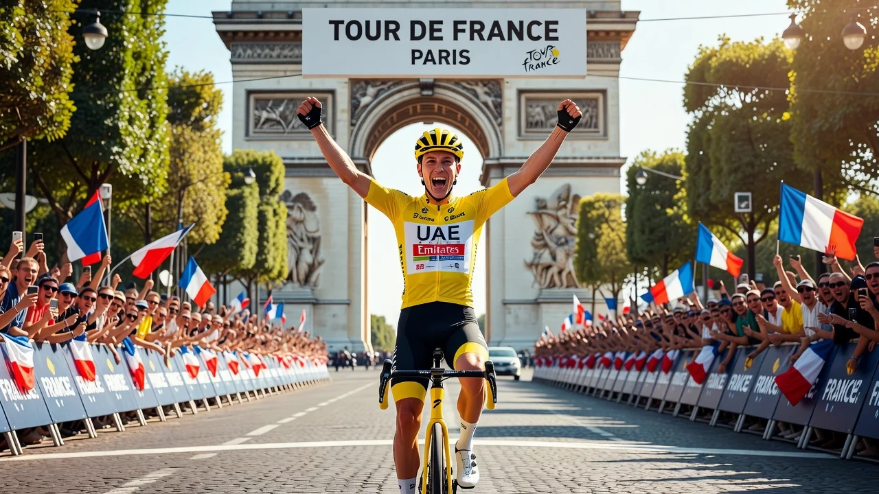 Tadej Pogacar celebrating victory at the Tour de France finish line in Paris.