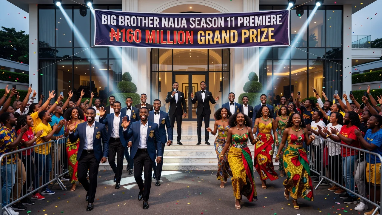 Illustration of Big Brother Naija Season 11 launch showing 24 housemates entering a house divided by gender teams.