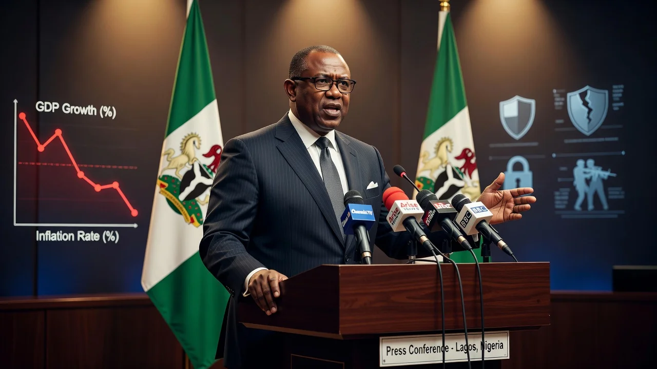 Peter Obi speaking at a press conference urging President Tinubu to retire before 2027, with Nigerian flags in the background.