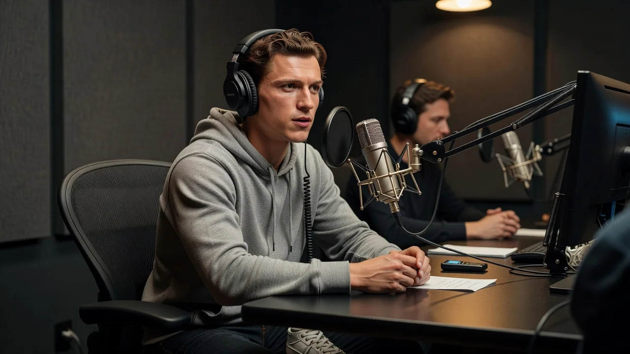 Tom Holland speaking candidly in a podcast studio about his past films.