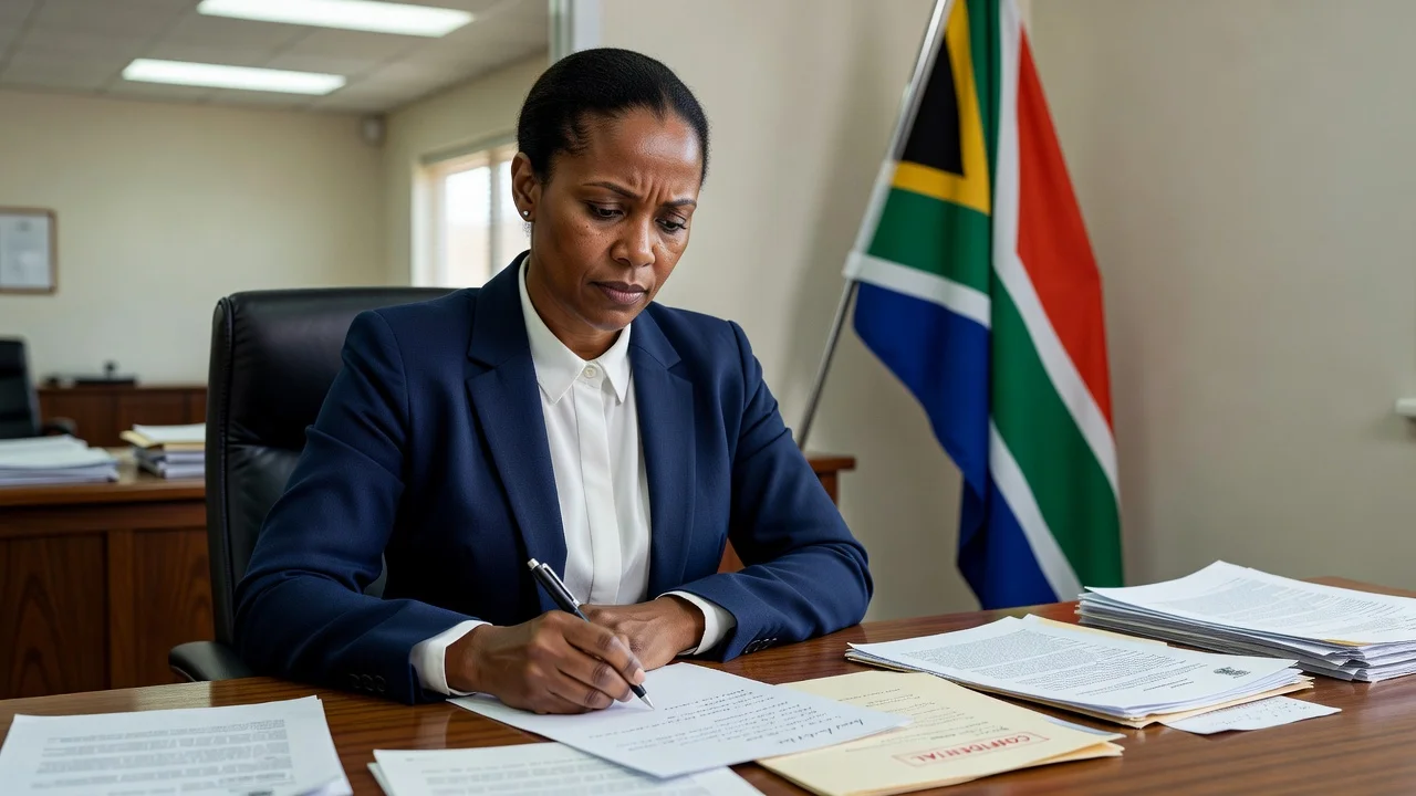 Illustration of Andrea Johnson requesting immediate release from her anti-corruption post in South Africa.