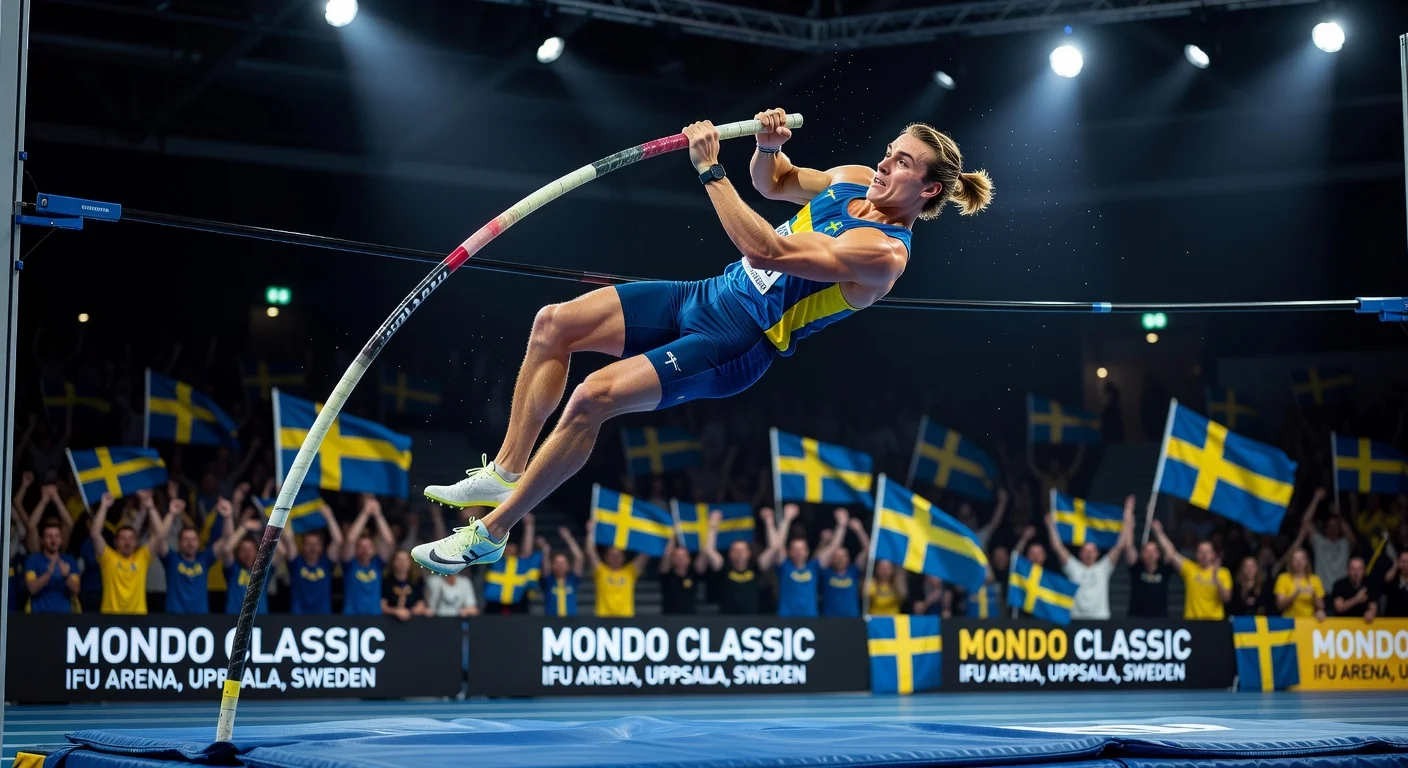 Armand Duplantis mid-air clearing 6.31m pole vault world record at Mondo Classic in Uppsala.