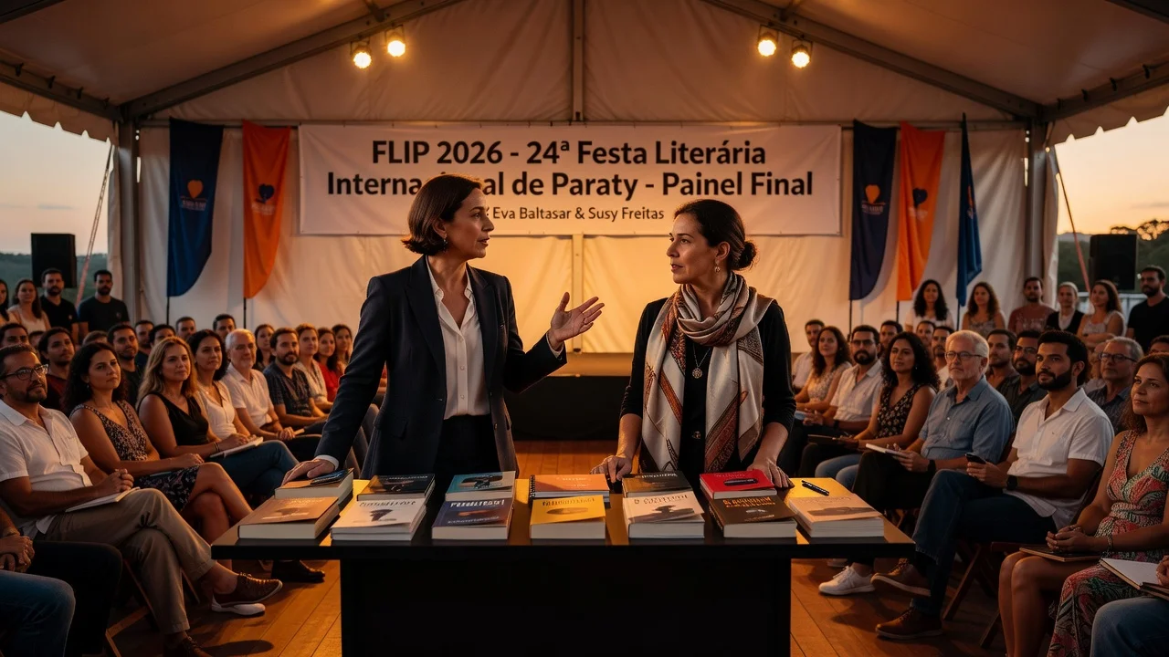 Authors Eva Baltasar and Susy Freitas speaking at the closing panel of Flip 2026 in Paraty.