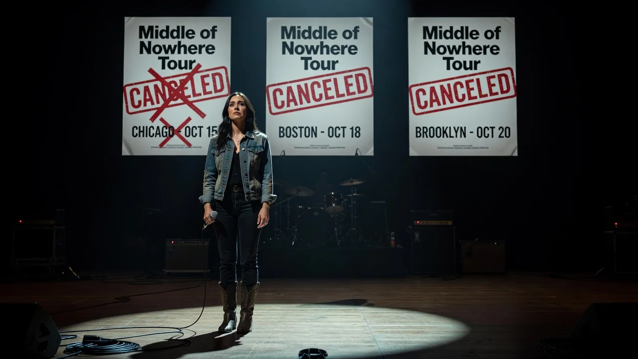 Illustration of Kacey Musgraves with canceled Middle of Nowhere Tour posters for Chicago, Boston, and Brooklyn.