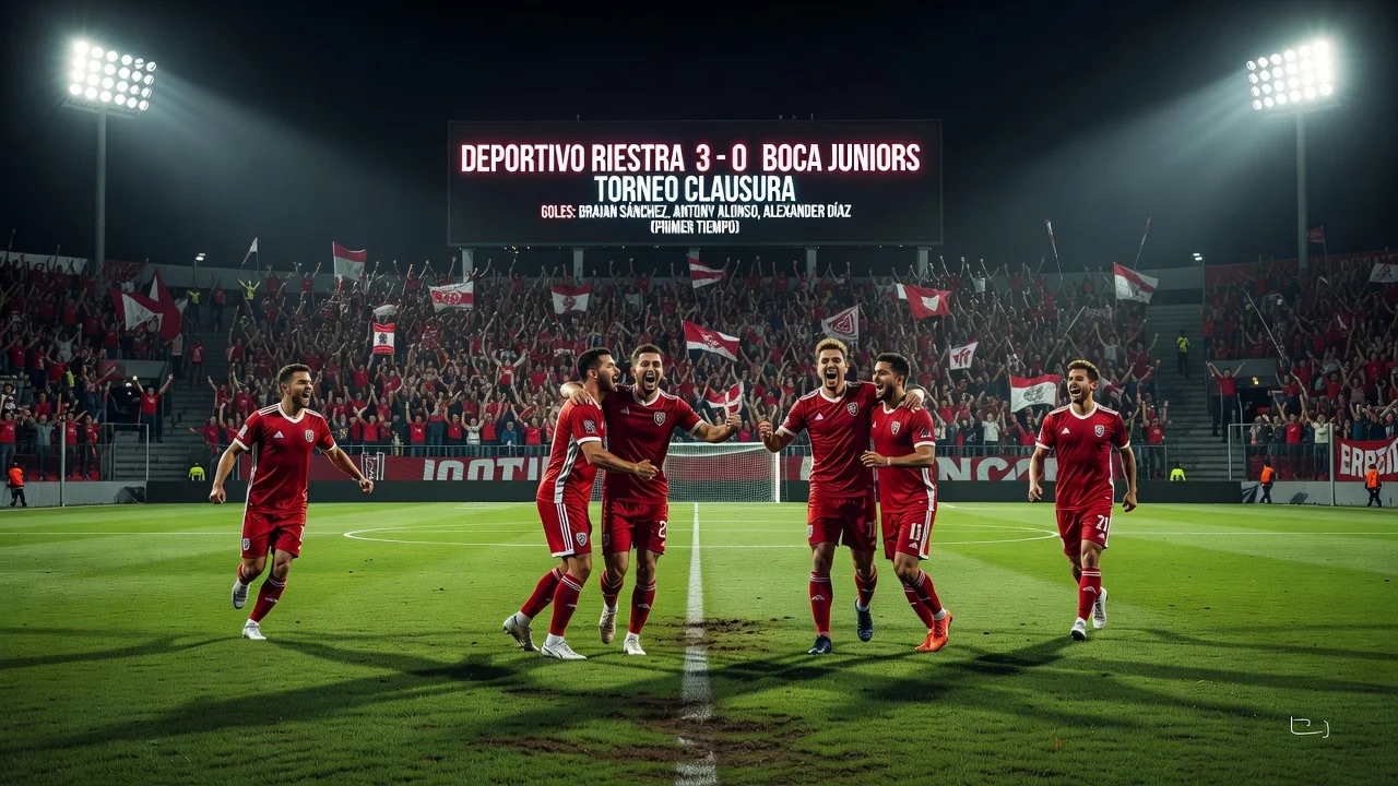Realistic illustration of Riestra's 3-0 win over Boca Juniors at Estadio Guillermo Laza