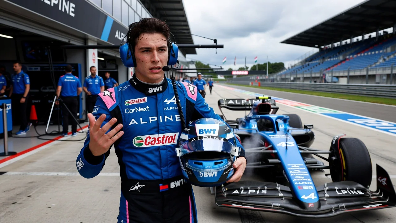 Franco Colapinto looking frustrated next to his Alpine F1 car after the Hungarian Grand Prix