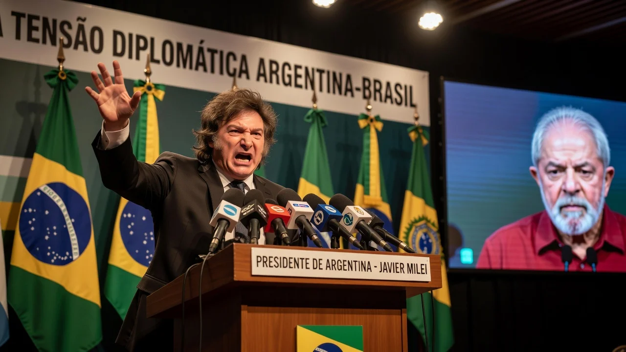 Argentine President Javier Milei angrily criticizing Lula da Silva at an event in São Paulo, symbolizing diplomatic tensions with Brazil.