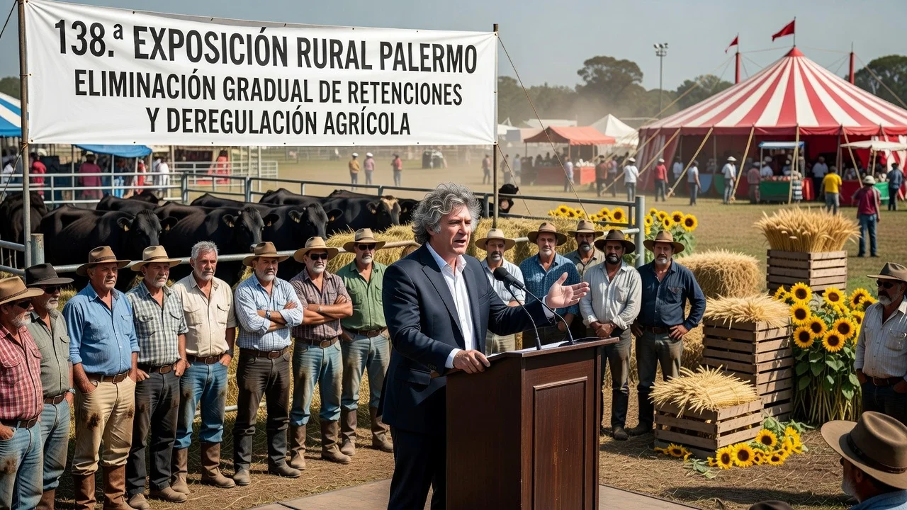 President Javier Milei at the Rural Exposition in Palermo announcing gradual elimination of export taxes.