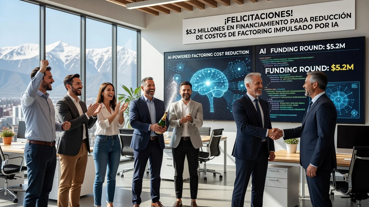 Photorealistic illustration of Blanco startup team celebrating $5.2M AI funding in Santiago office.