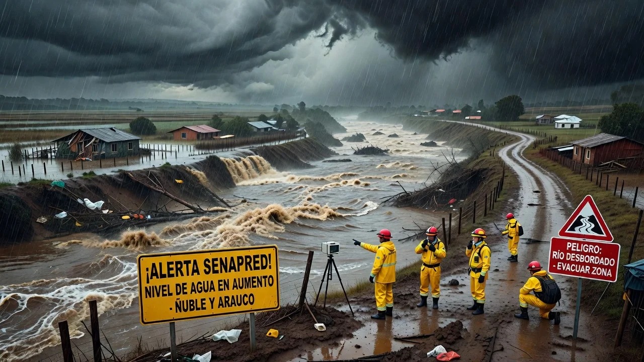 Realistic news illustration of overflowing rivers in Chile under Senapred alerts.