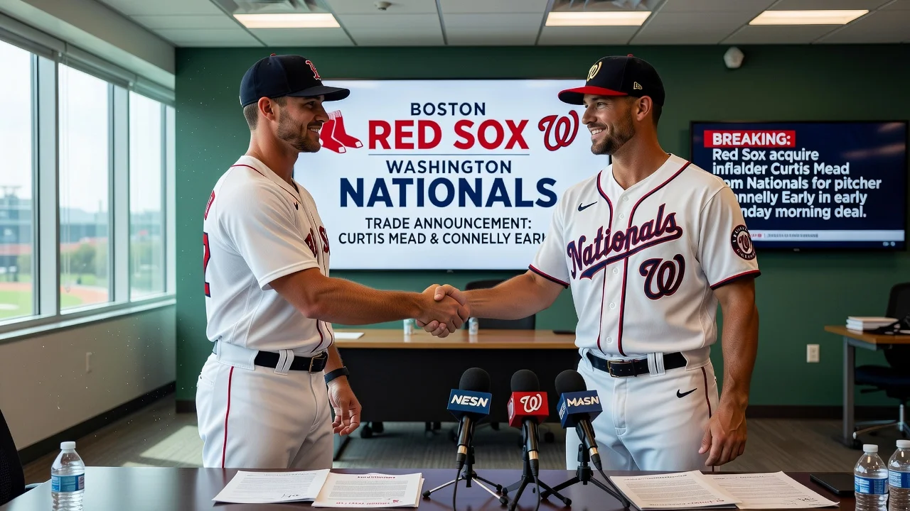 Illustration of the Red Sox acquiring Curtis Mead from the Nationals in a player trade.