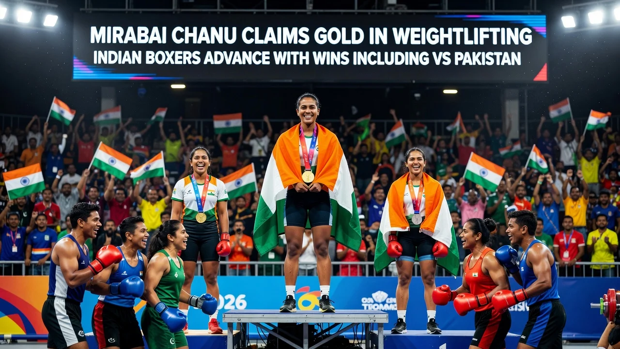 Indian athletes celebrating multiple medal wins in weightlifting and boxing at the Commonwealth Games 2026.