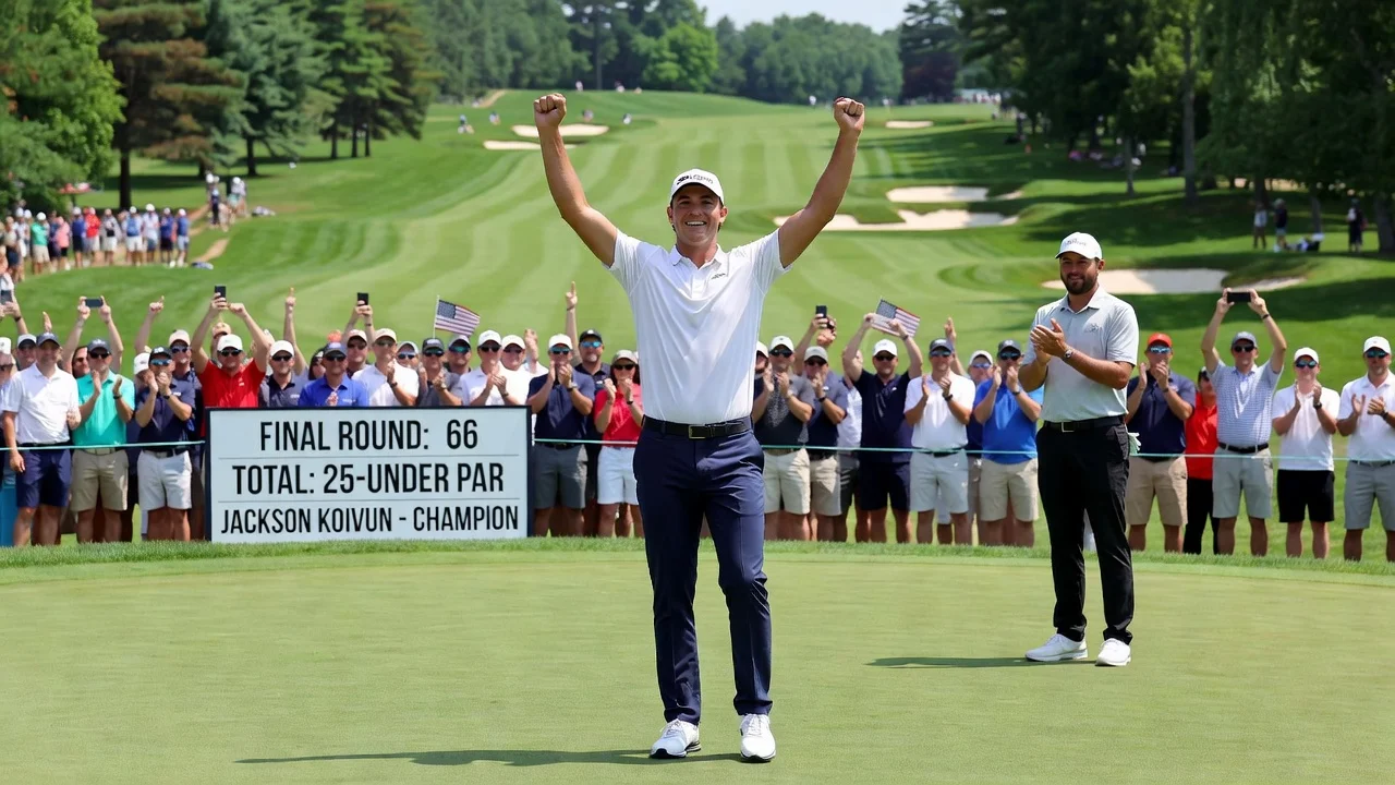 Jackson Koivun celebrates winning the 3M Open, his first PGA Tour title.