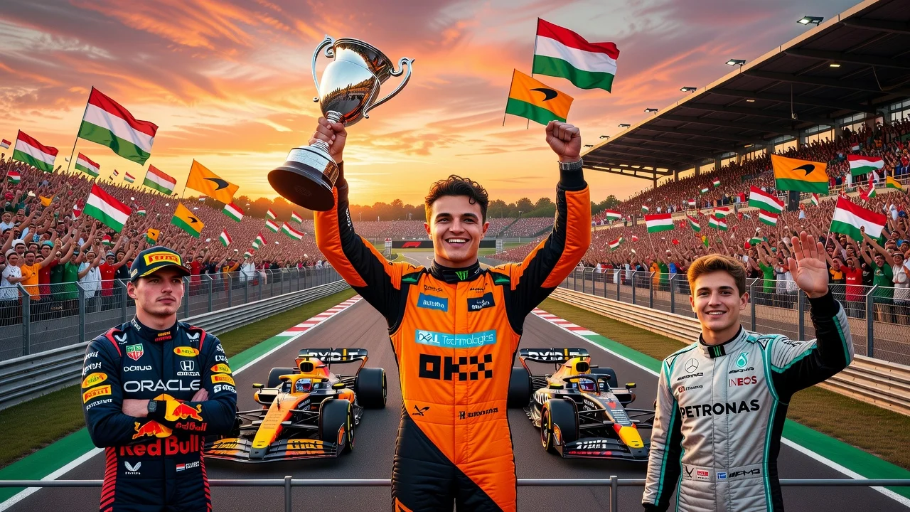 Lando Norris celebrating victory on the podium at the 2026 Hungarian Grand Prix