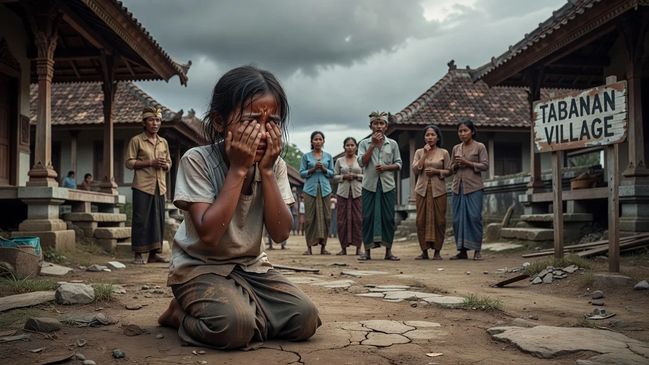 A young Balinese girl crying in grief in a village after her father's death