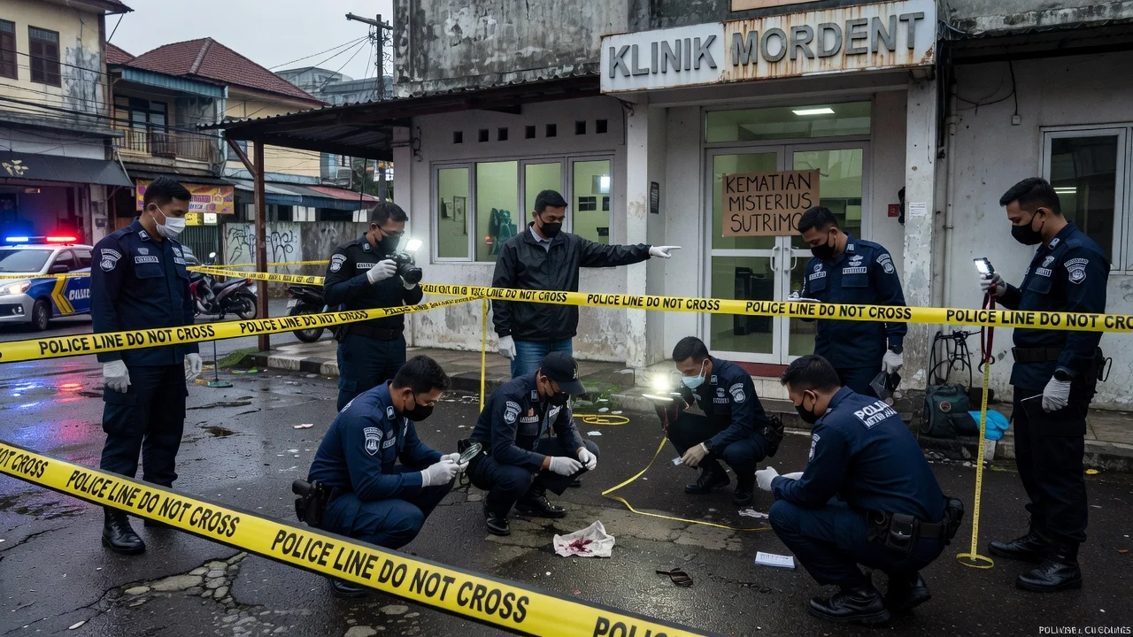 Police officers from Polda Metro Jaya investigating the death of Sutrimo at the yard of Klinik Mordent in South Jakarta.