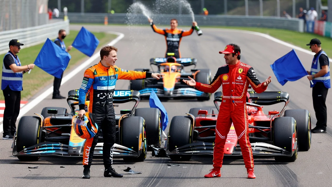 Oscar Piastri and Carlos Sainz arguing after their collision in the Hungarian Grand Prix