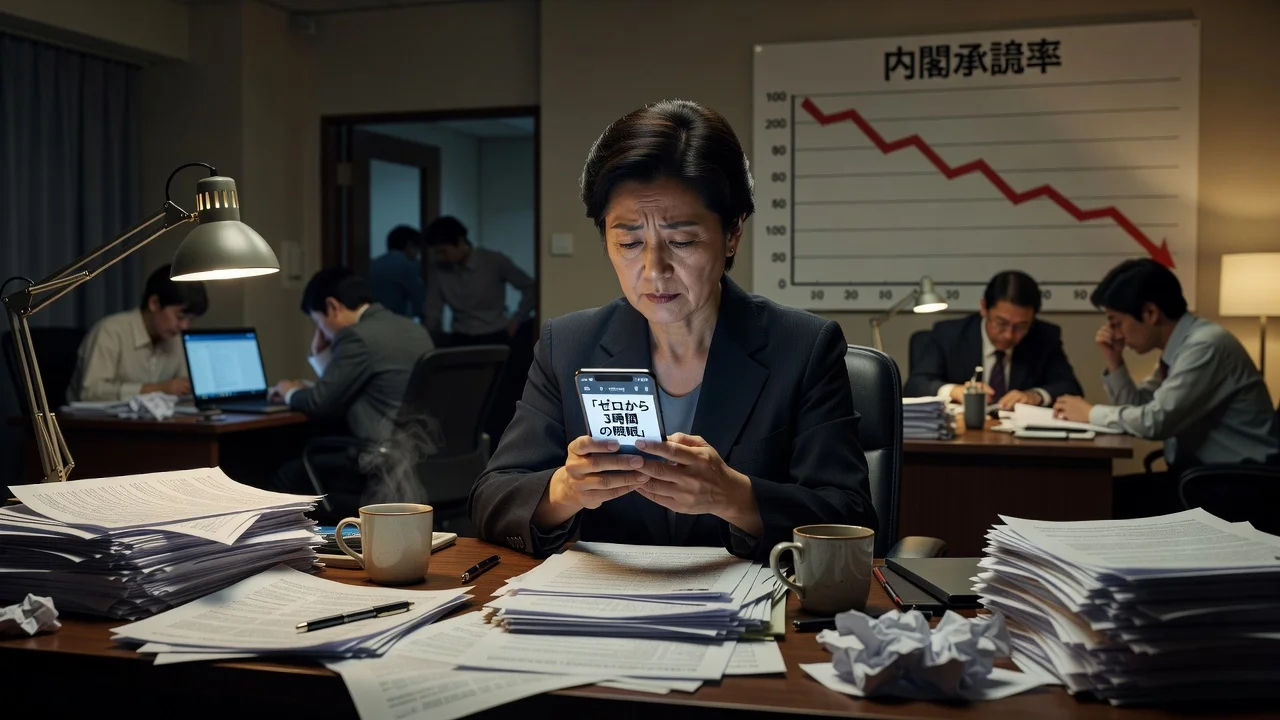 Exhausted Prime Minister Takaichi at her desk viewing a sleep-related social media post, with work culture elements and falling ratings in the background.