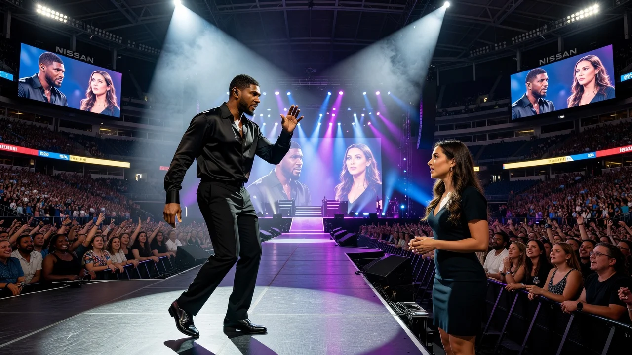 Usher pausing a steamy performance with a fan on stage during his Nashville concert.