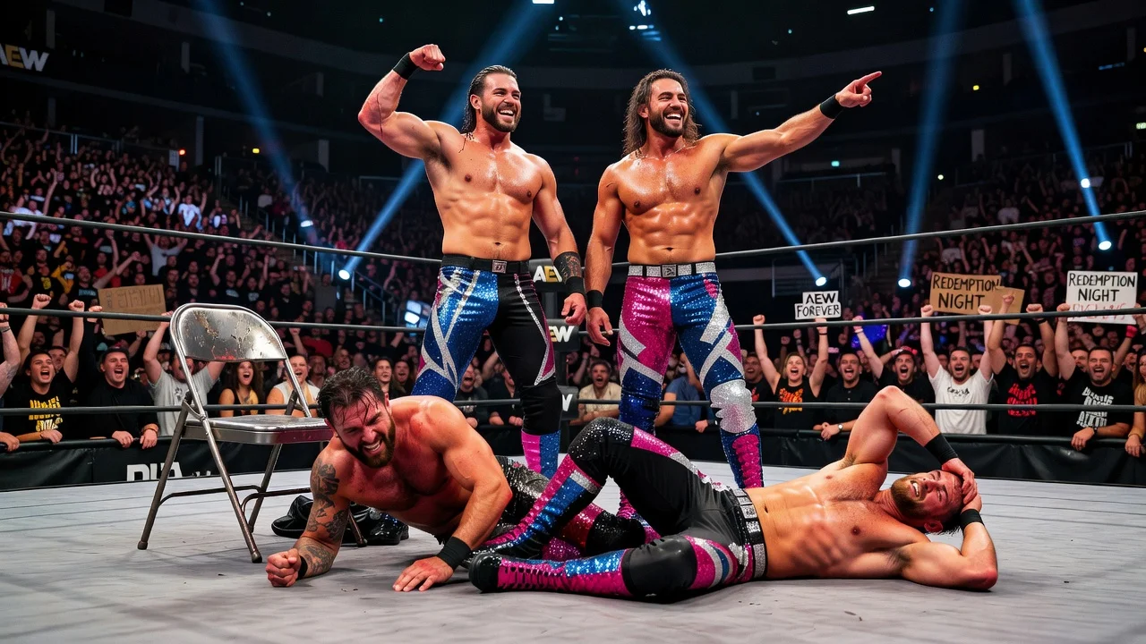 Illustration of Young Bucks winning a dramatic tag team wrestling match against Jon Moxley and Will Ospreay at AEW Redemption with a steel chair visible.