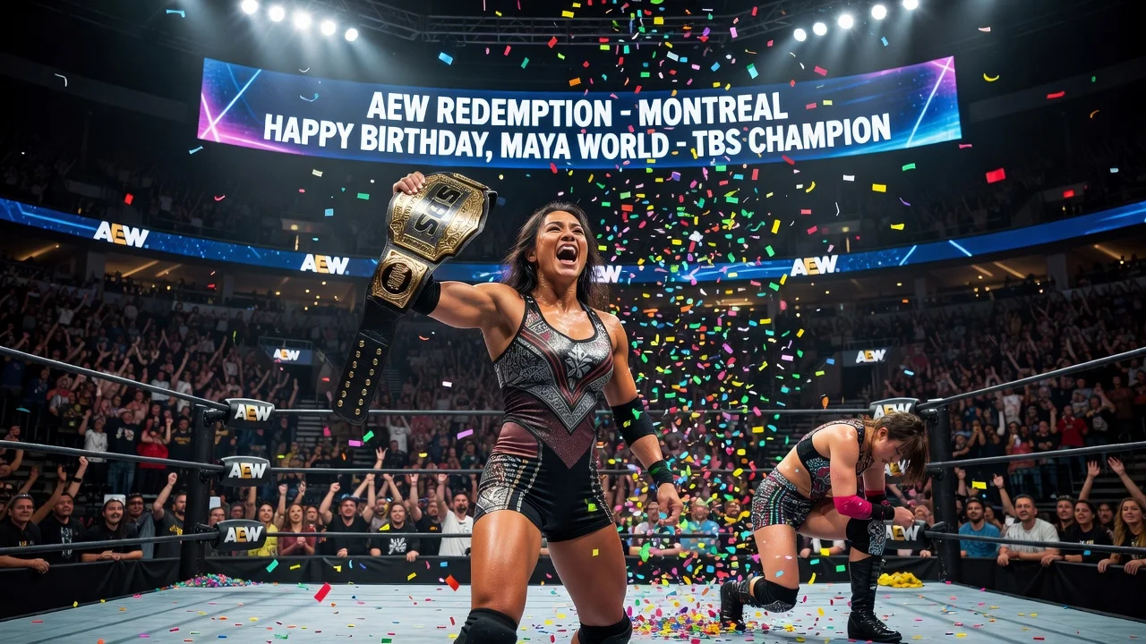 Maya World holding the TBS Championship belt after defeating Hikaru Shida at AEW Redemption in Montreal.