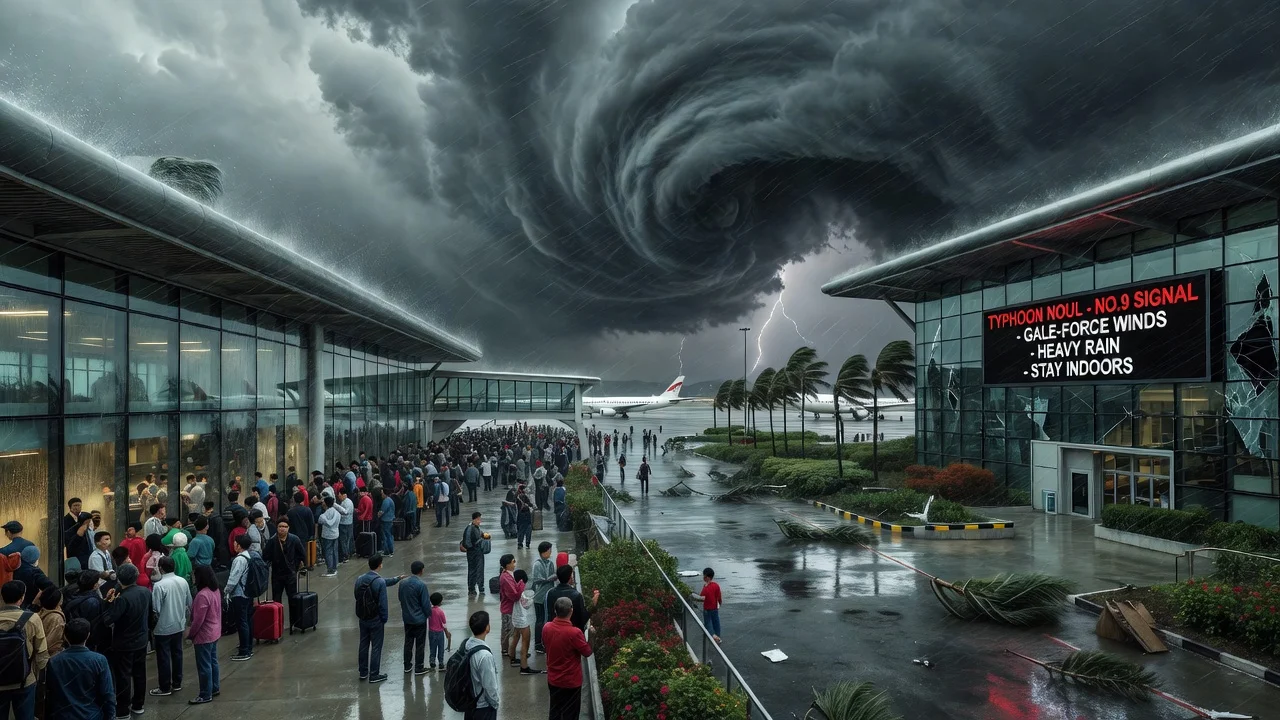 Stormy scene at Hong Kong airport during Typhoon Noul with stranded passengers and minor damage.