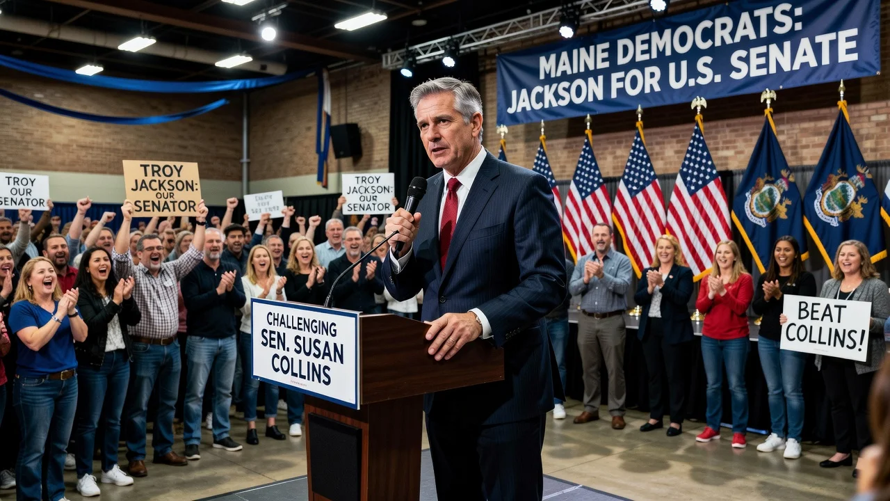 Troy Jackson accepting the Democratic nomination for U.S. Senate in Maine, standing at a podium with supporters in the background.