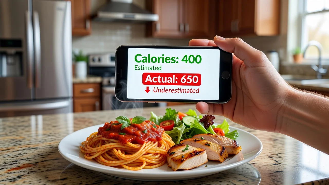 Illustration of a smartphone calorie app underestimating the calories in a photographed meal.