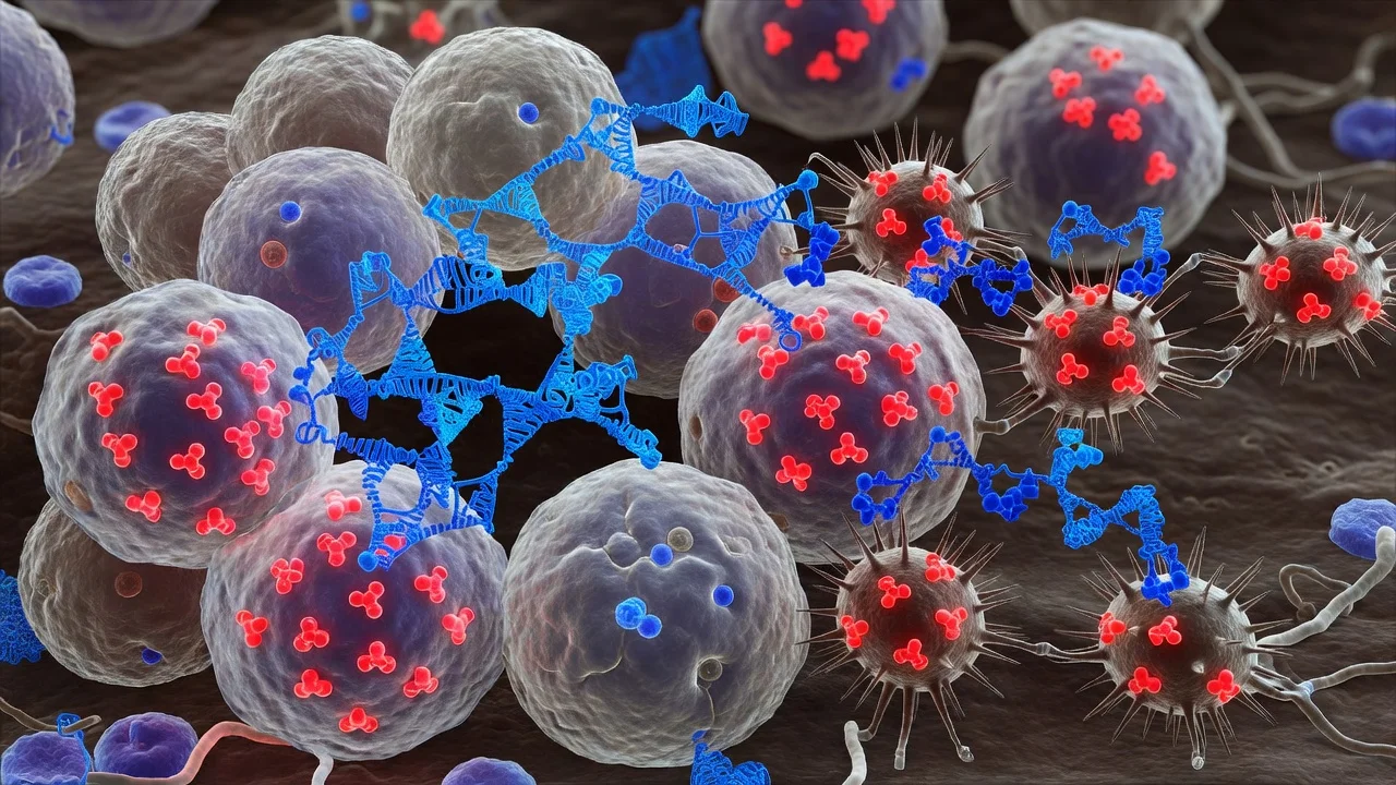 Scientific illustration of CRISPR-Cas13 restoring MHC-I on prostate cancer cells to boost immune therapy in mice