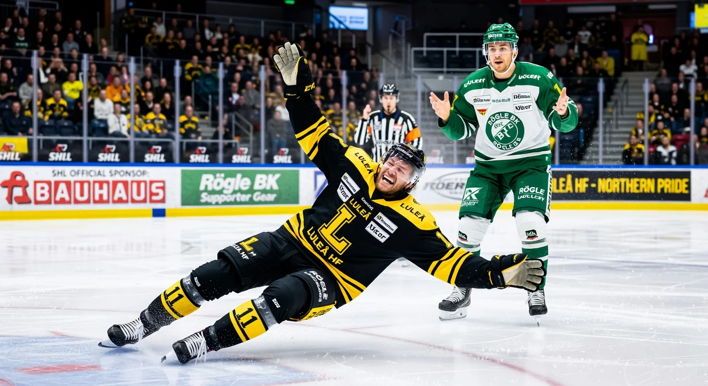 Dramatic ice hockey action shot of Luleå's Brendan Shinnimin embellishing a fall against Rögle's Calvin de Haan, illustrating his SHL disciplinary fine.