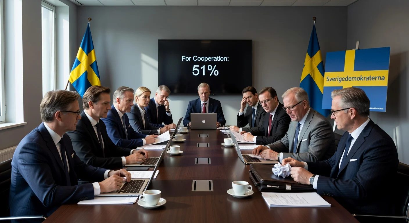 Divided Liberal Party board in Sweden debates opening government cooperation with Sweden Democrats amid resignations.