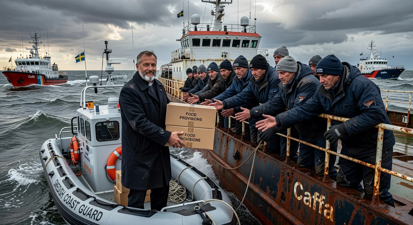Swedish priest delivers essential food supplies to stranded Russian sailors aboard the boarded shadow fleet ship Caffa off Trelleborg.