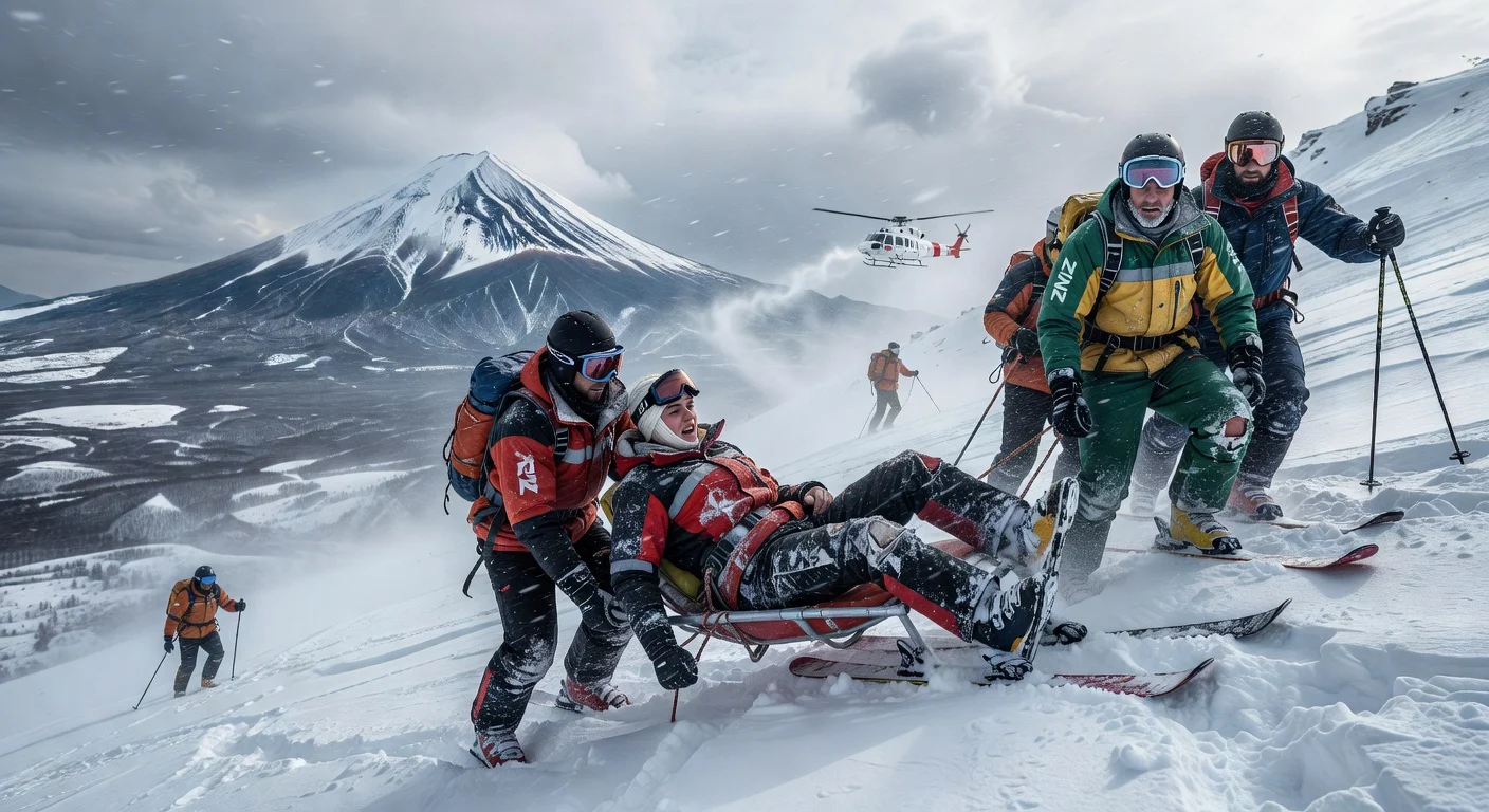 Illustration depicting the rescue of a seriously injured Swedish woman skier after falling 400 meters on Mount Fuji during a ski descent.