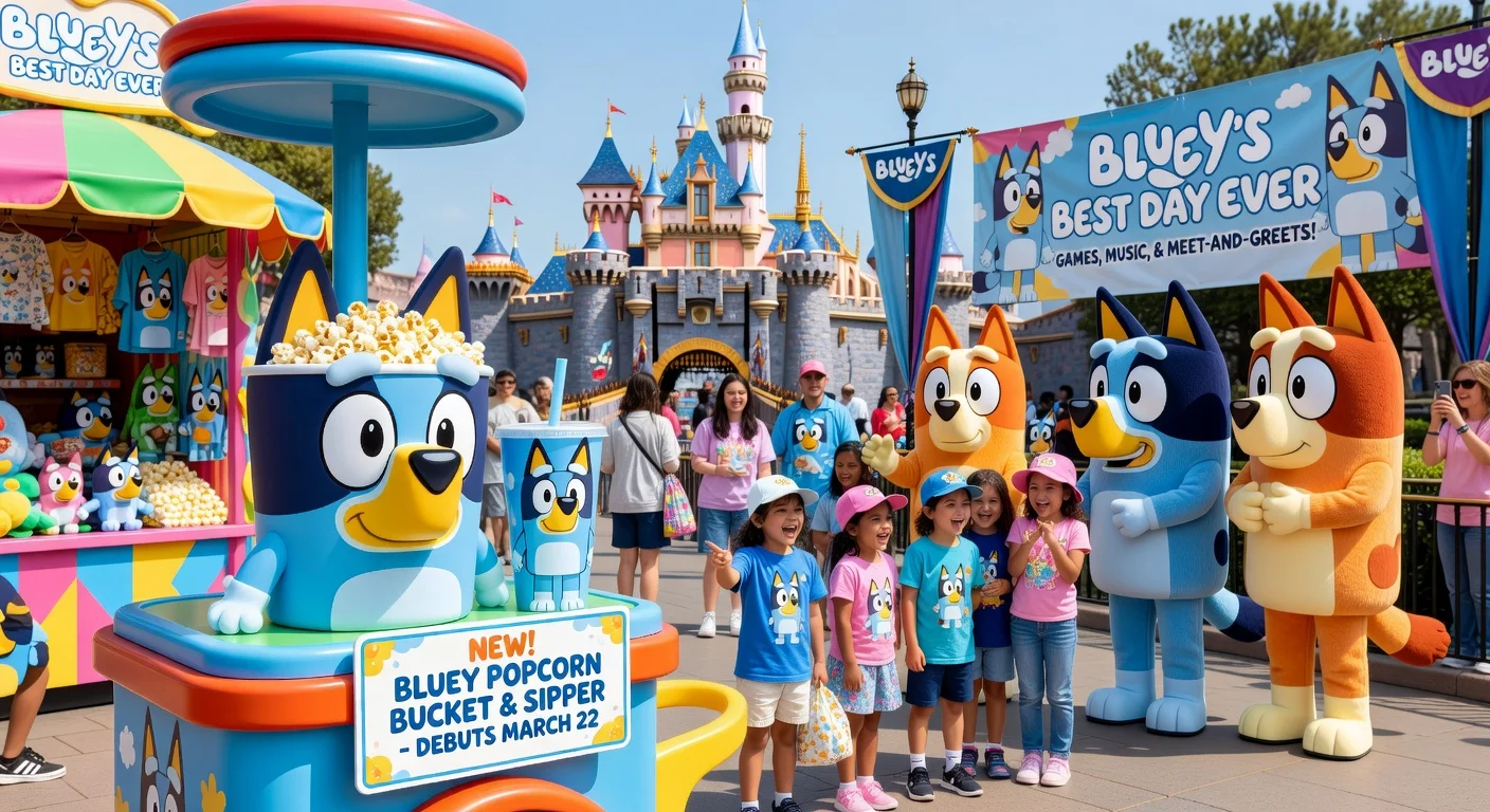 Disneyland unveils Bluey popcorn bucket and sipper for 'Bluey’s Best Day Ever' show debut on March 22.