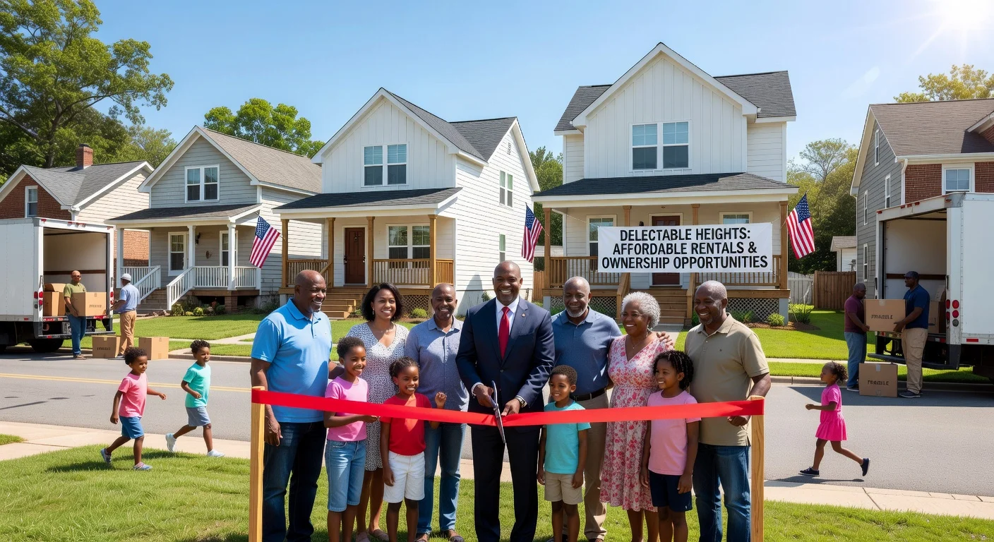 Illustration of new factory-built affordable homes in Petersburg, Virginia's Delectable Heights, with residents celebrating amid a ribbon-cutting event.
