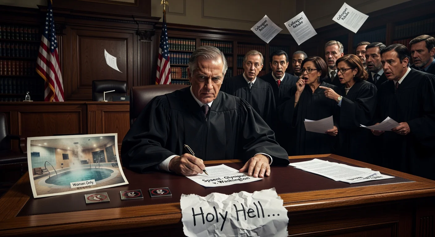 Dramatic courtroom scene illustrating Judge VanDyke's vulgar dissent in the Olympus Spa case and the Ninth Circuit judges' rare rebuke.