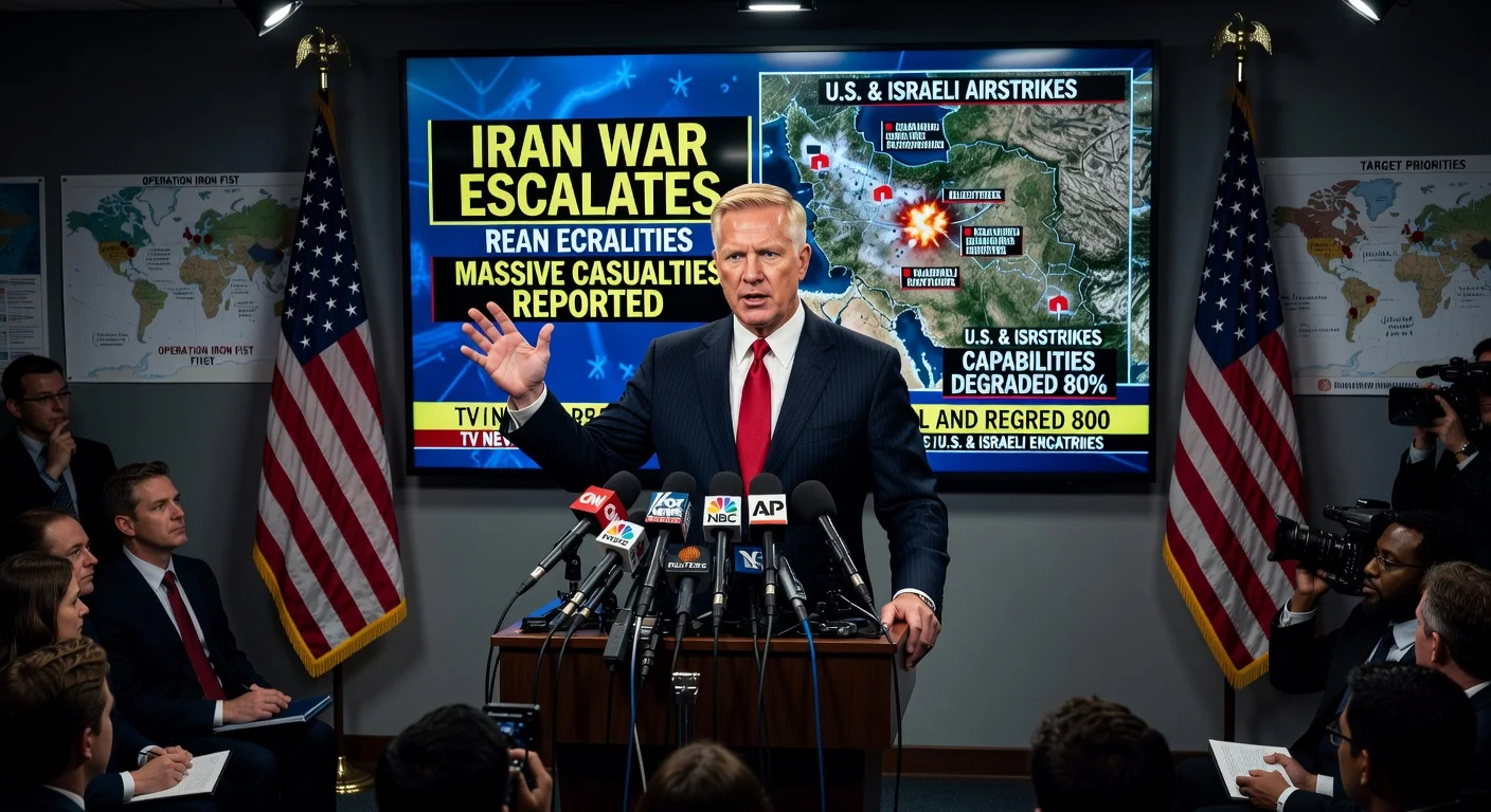 Secretary Pete Hegseth at Pentagon briefing accuses media of skewing Iran war coverage while highlighting successful U.S.-Israeli strikes.