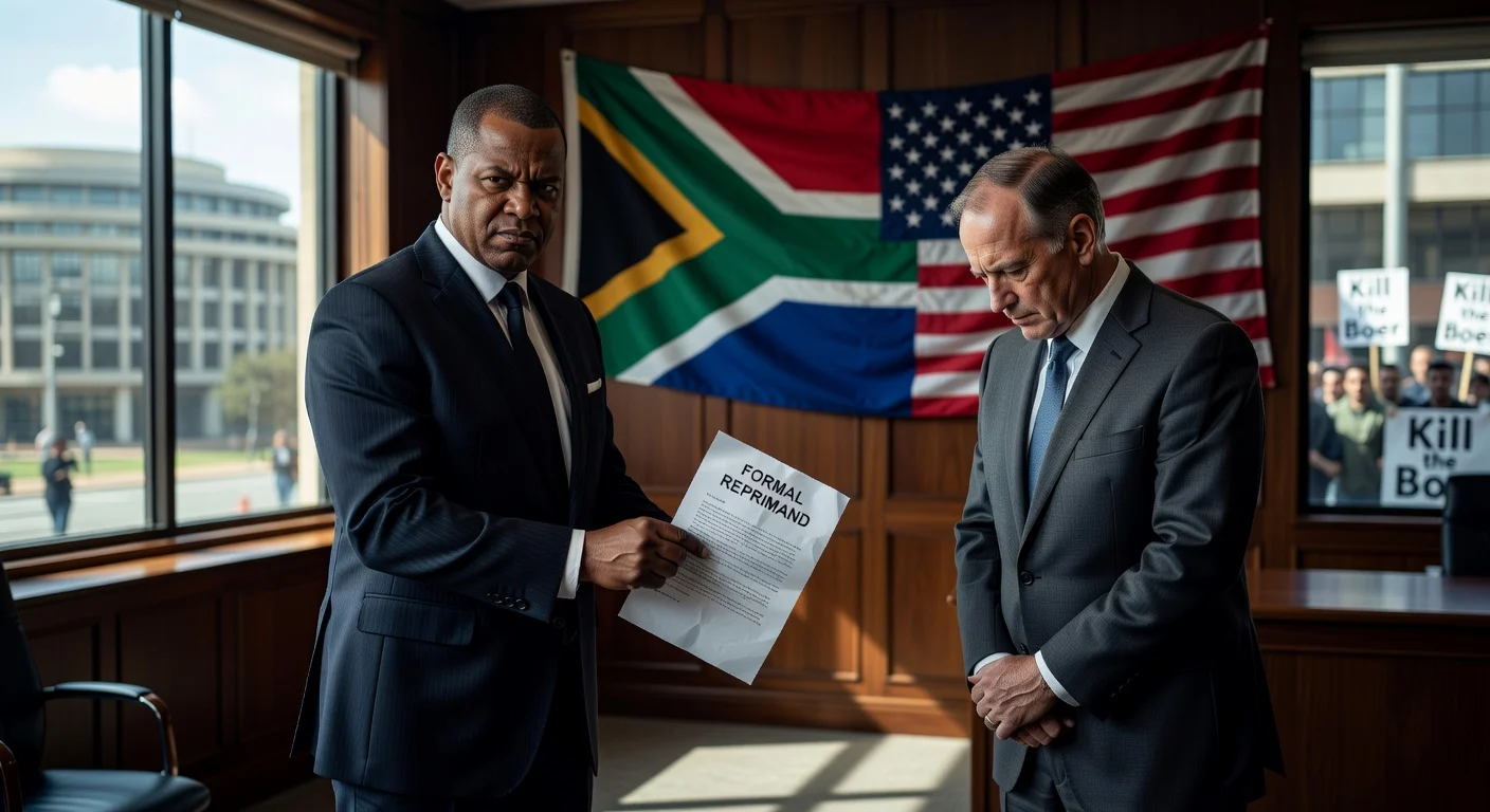 Diplomatic tension: South African official reprimands US Ambassador Bozell III over 'Kill the Boer' hate speech remarks amid flags and court imagery.