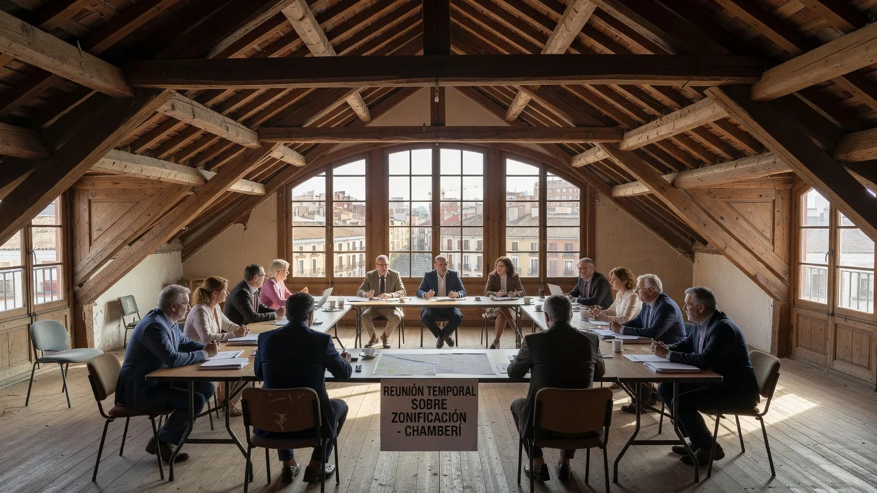 An attic in Chamberí converted into a meeting space, illustrating the Madrid government's controversial purchase despite zoning restrictions.