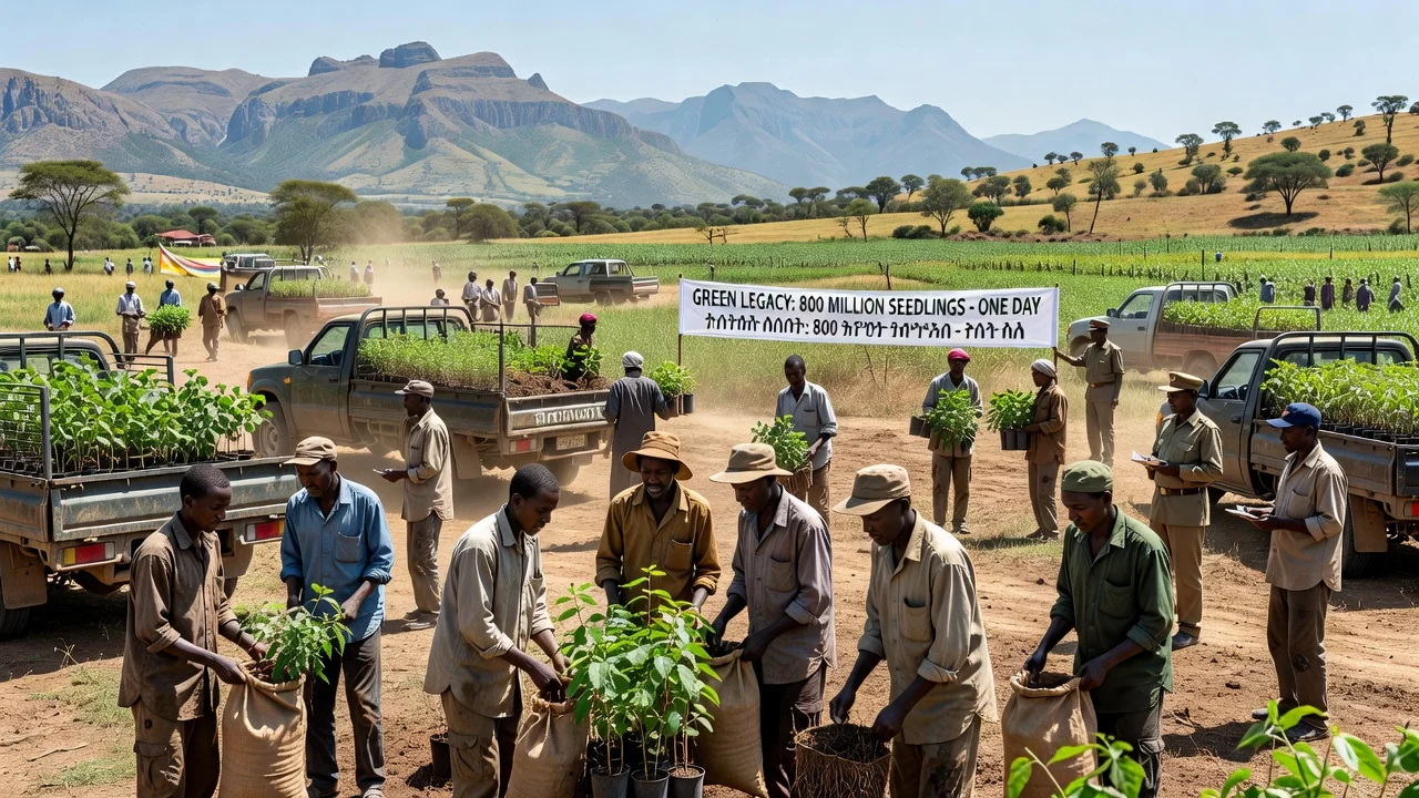 Ethiopian people preparing for massive tree planting event in the Green Legacy initiative.