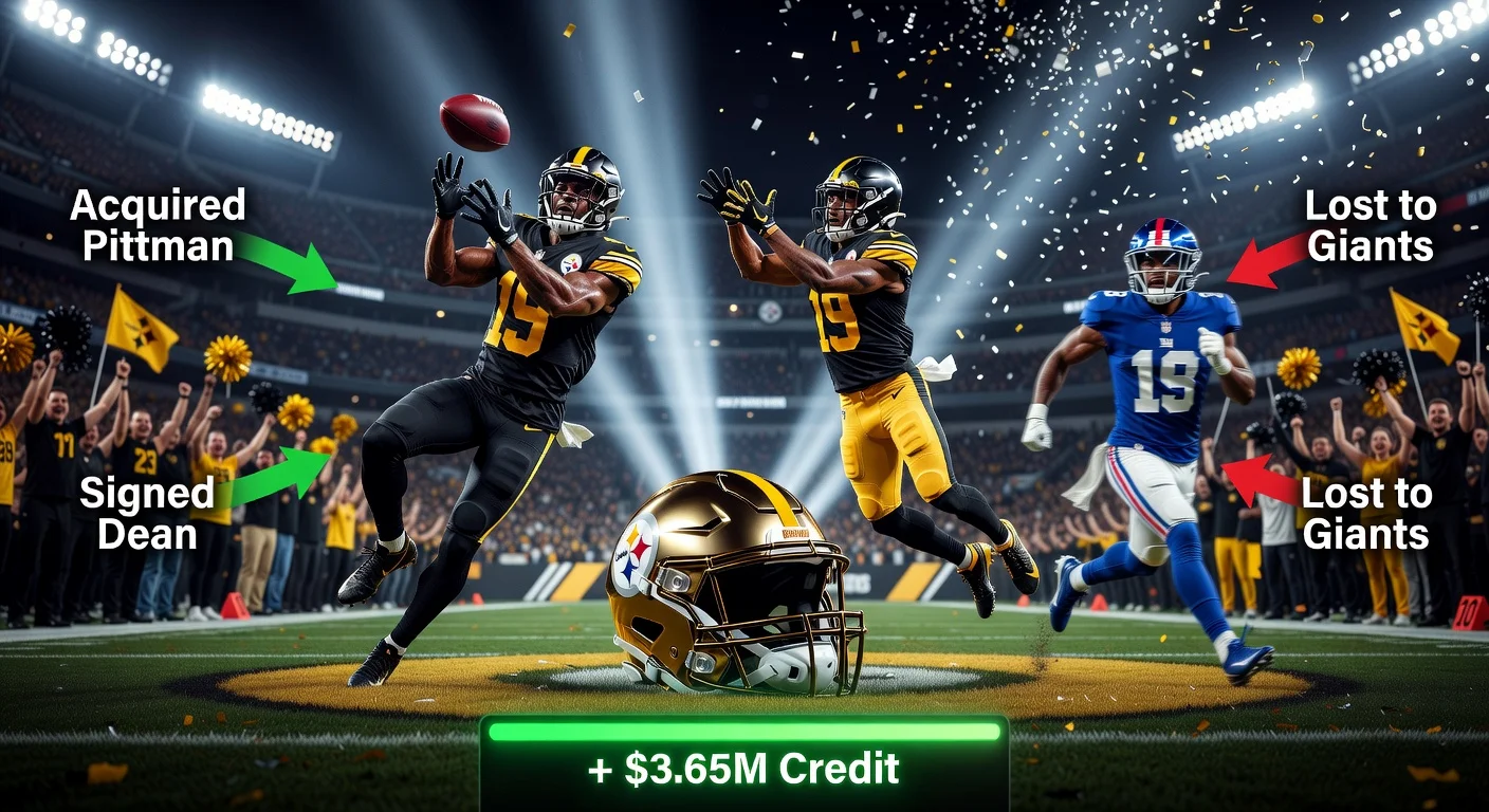 Pittsburgh Steelers free agency illustration showing acquisitions of Michael Pittman Jr. and Jamel Dean, loss of Calvin Austin III to Giants, and salary cap credit.