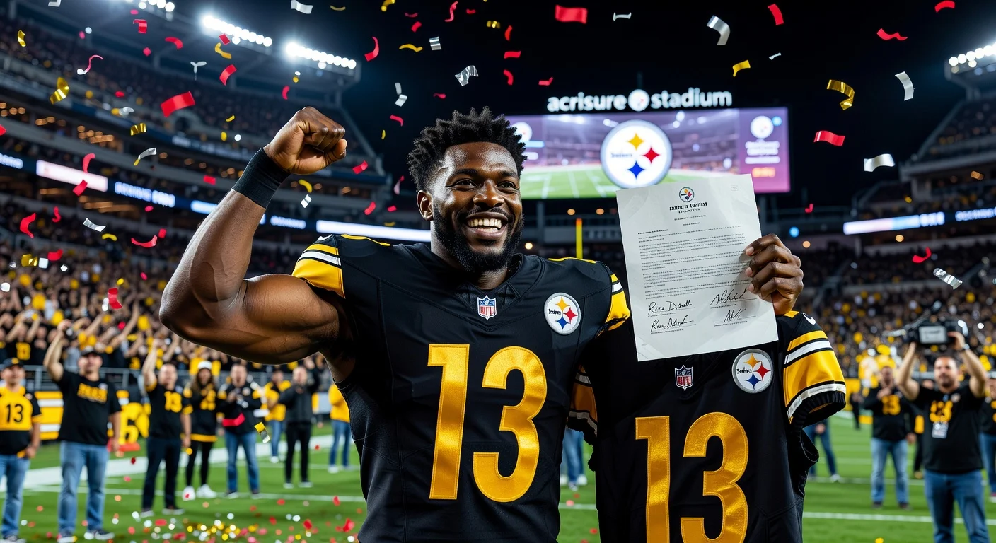 Rico Dowdle celebrates signing two-year deal with Pittsburgh Steelers, wearing jersey No. 13, stadium backdrop.