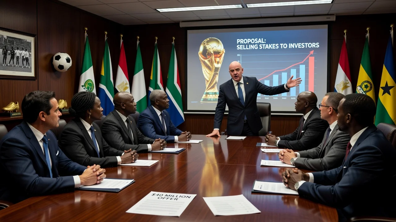 CAF officials in a boardroom meeting with Gianni Infantino discussing World Cup investment proposals.