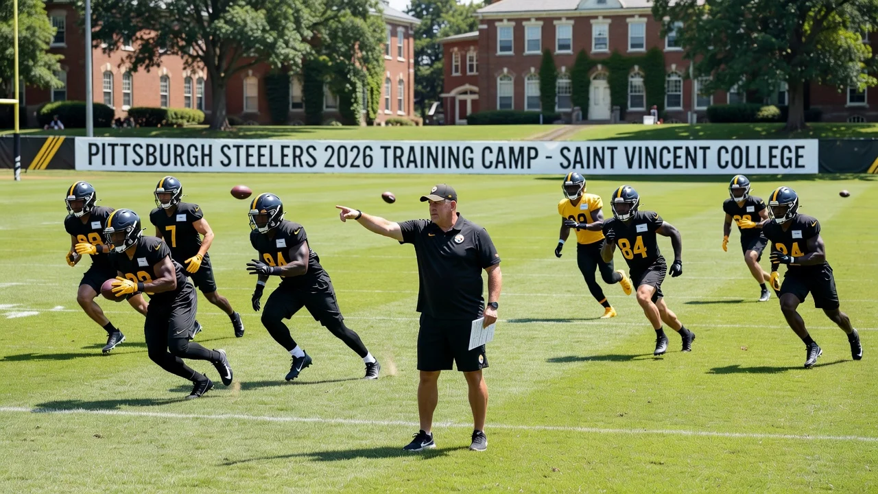 Pittsburgh Steelers players practicing football at training camp under coach Mike McCarthy at Saint Vincent College in 2026.