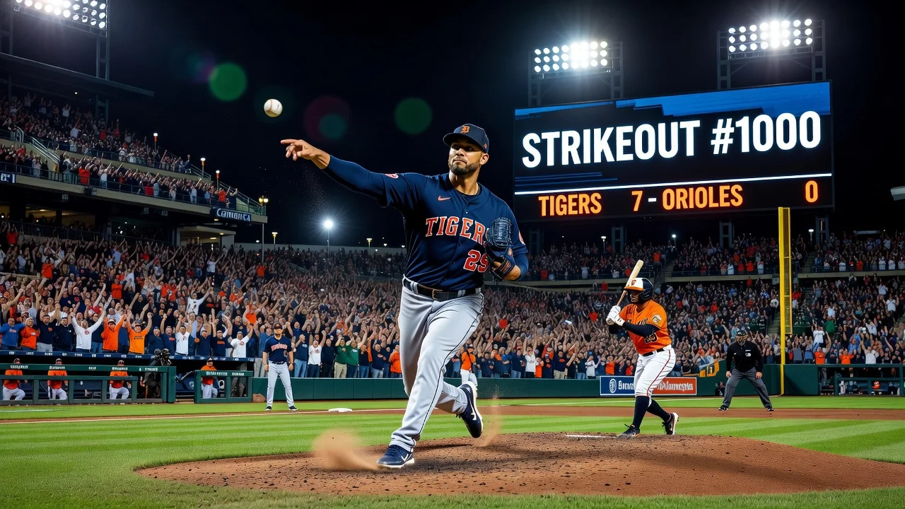 Tarik Skubal pitching at Comerica Park during his 1000th strikeout milestone game.
