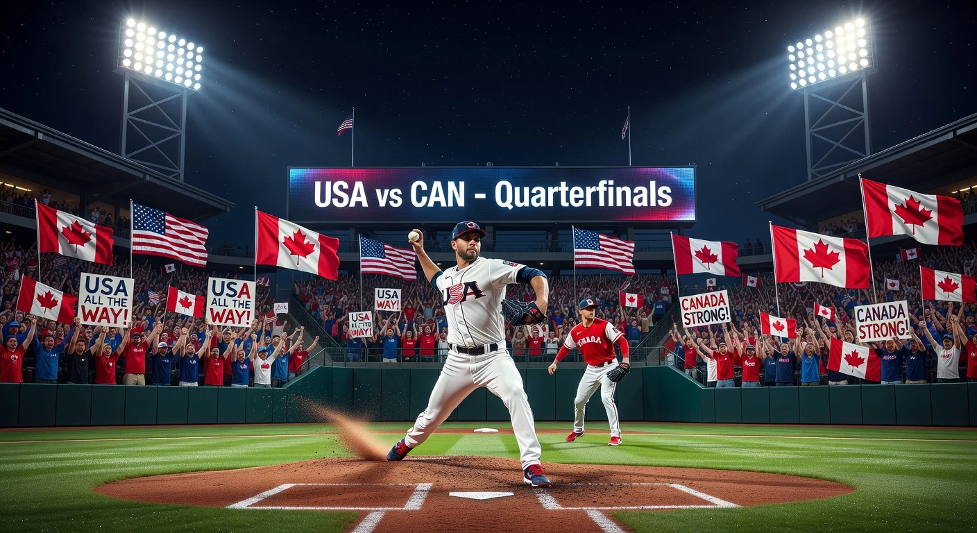 Dramatic night scene of Team USA pitcher Logan Webb facing Canada in World Baseball Classic quarterfinals at Daikin Park, Houston.