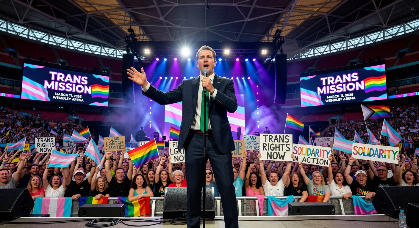 Zack Polanski speaks at Wembley Arena's Trans Mission event, rallying crowd with trans pride flags and solidarity signs.