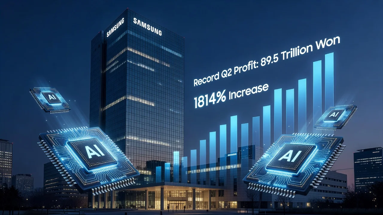 Illustration of Samsung Electronics' record profits driven by AI chip demand, showing company headquarters and financial growth charts.